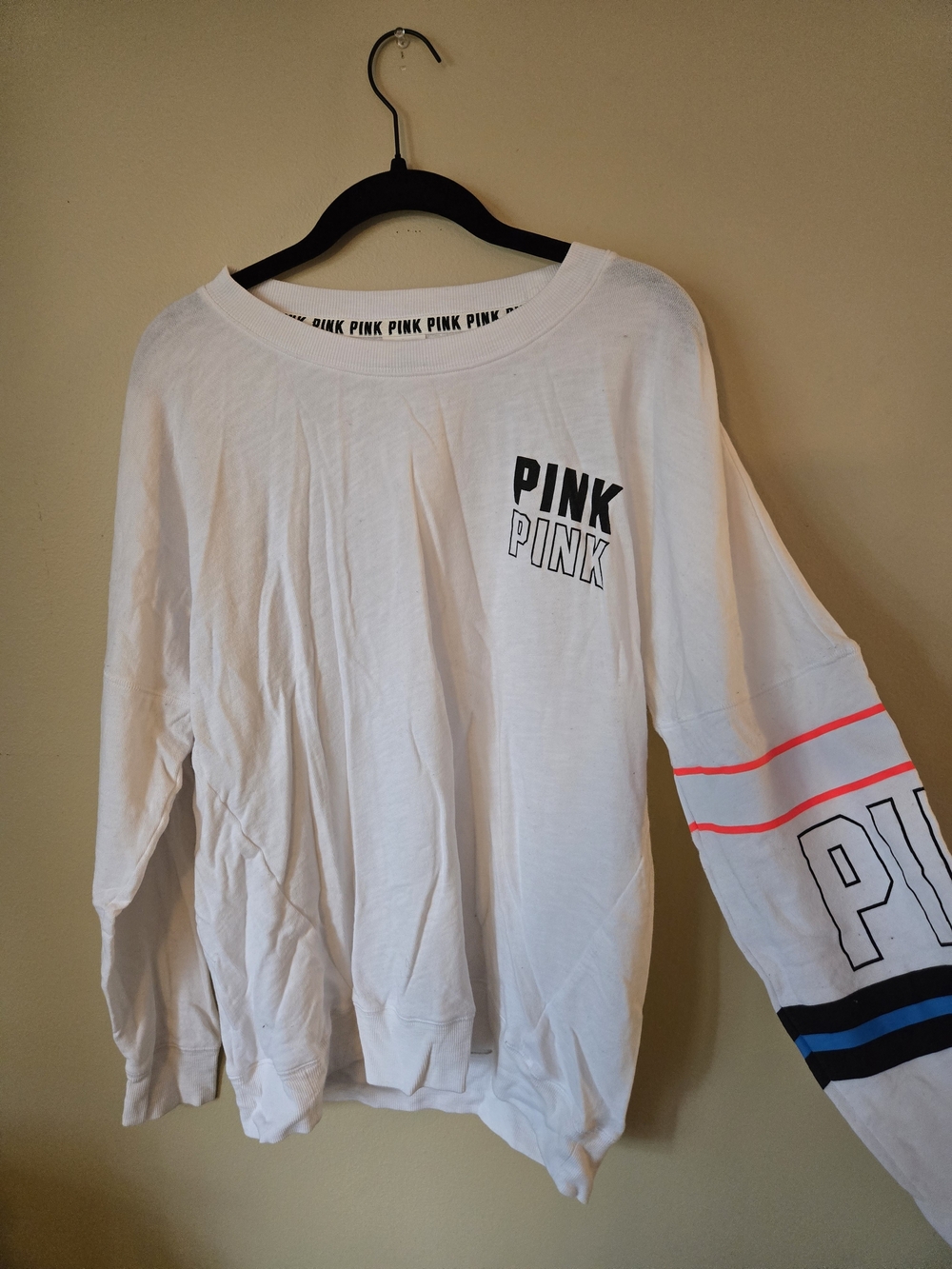PINK Victoria's Secret White Long Sleeve Sweatshirt with Neon Stripe Sleeve